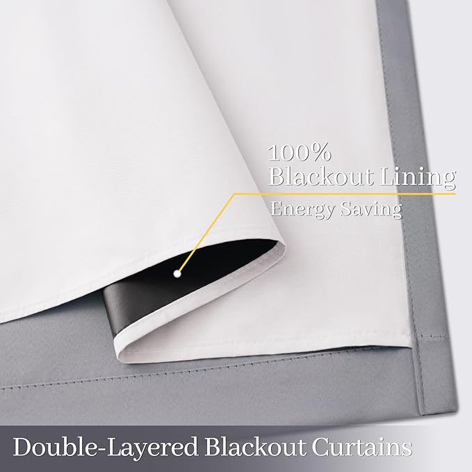Yakamok 100% Blackout Curtain Panels 96 inches Cold and Light Blocking Drapes for Nursery, 2 Thick Layers Thermal Insulated Draperies (2 Pieces, 50 Wide Each Panel, Grey Front with White Backing)