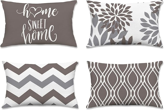 Hexagram Geometric Grey Pillow Covers 12x20 Set of 4, Decorative Outdoor Boho Modern Throw Pillow Covers, Home Sweet Home Farmhouse Cushion Case for Couch Sofa Bedroom Indoor Decor(No Insert)
