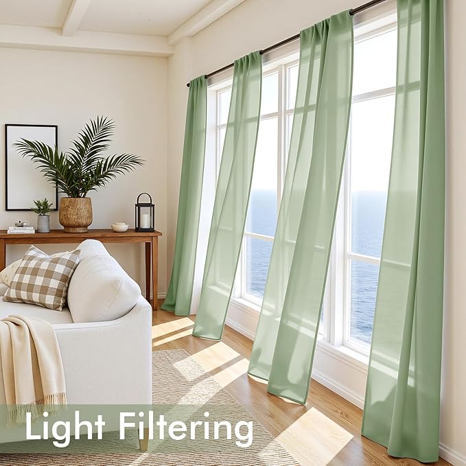MIULEE Sage Green Sheer Curtains 96 Inches Long, 4 Panels Set, Light Filtering Rod Pocket Voile Drapes Window Treatments, Semi Transparent Airy Fabric for Bedroom and Living Room, 54 x 96 Inches