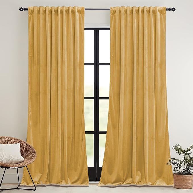 RYB HOME Mustard Yellow Velvet Curtains 84 inches, Back Tab Soft Fabric Room Darkening Thermal Insulated Luxurious Home Decor Curtains for Living Room Bedroom, W 52" x L 84", 2 Panels Set