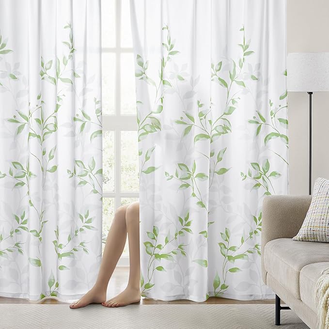 HOMEIDEAS Non-See-Through Sage Green and White Privacy Sheer Curtains 52 X 84 Inch Length 2 Panels, Leaf Floral Printed Light Filtering Semi Sheer Window Curtains Drapes for Bedroom Living Room
