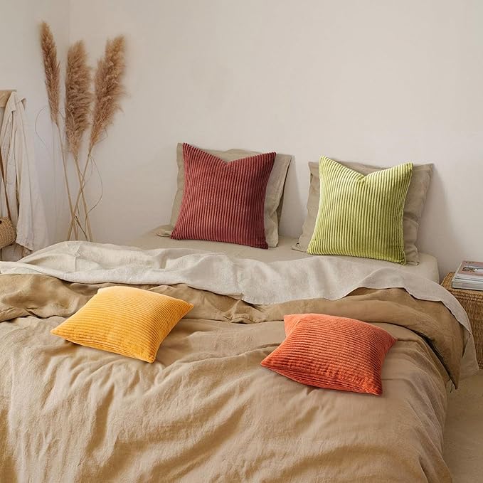 Topfinel Throw Pillow Cover 4pc Set - Multi Yellow Burnt Orange Combo - 22" x 22" Solid Cozy Corduroy Square Accent Decorative Cushion Case for Couch Sofa Chair Bed