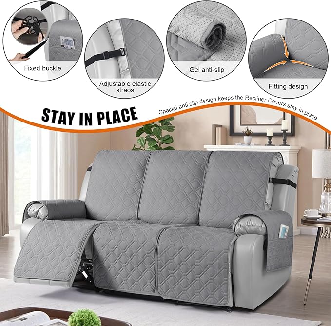 VANSOFY Waterproof Recliner Couch Covers, Sofa Covers 1-Piece Washable Reclining Sofa Cover Non-Slip Furniture Protector with Elastic Straps Pocket for Dogs, Pets(Light Gray,3 Seater)