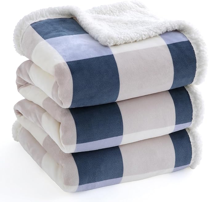 PU MEI Sherpa Throw Blanket Reversible Large Big King Size Flannel Blankets for Bed, 108"*90",Grey Blue