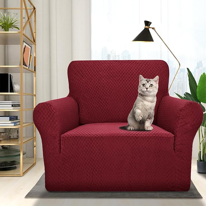 ZNSAYOTX 1 Piece Jacquard Chair Slipcovers for Living Room High Stretch Chair Covers with Arms Anti Slip Pets Friendly Couch Sofa Armchair Cover Furniture Protector (Chair, Wine Red)