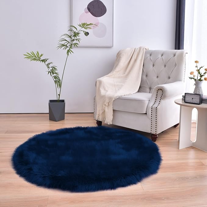 duduta Navy Blue Faux Sheepskin Round Rug 4x4 ft, Fluffy Shag Fur Bedroom Nursery Kids Playroom Rug Dorm Decor Non Slip Washable