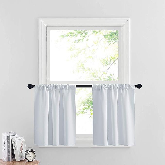 RYB HOME Cafe Curtains 24 inch Length, RV Curtains for Camper Windows, Mini Short Small Insulating Light UV Heat Blocking Privacy Half Window Tiers, Width 29 by Length 24, Greyish White, 2 Panels