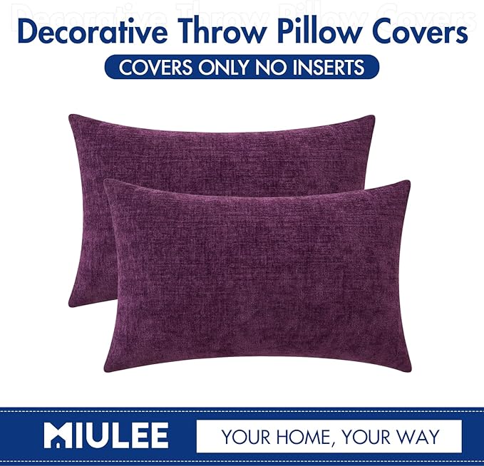 MIULEE Pack of 2 Couch Throw Pillow Covers 12x20 Inch Soft Plum Purple Chenille Lumbar Pillow Covers for Sofa Living Room Solid Dyed Cases