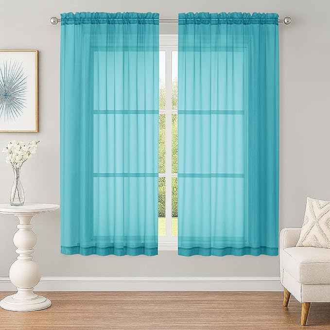 OWENIE Sheer Turquoise Curtains, Sheer Curtains 63 inch Length 2 Panels Set, Rod Pocket Voile Fimly Sheer Drapes for Living Room Bedroom, 2pcs, Turquoise, Each 59" W x 63" L