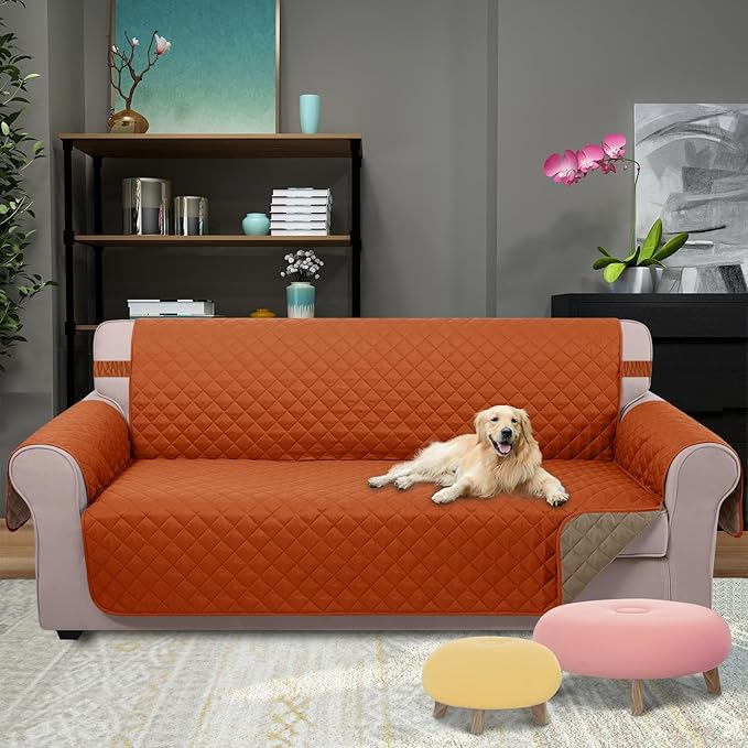 U-NICE HOME 4 Seater Sofa Cover 91 Inch Large Couch Covers for 4 Cushion Couch with Elastic Straps Water Resistant Furniture Protector Cover for Pets Cat (Sofa XX-Large, Orange/Taupe)