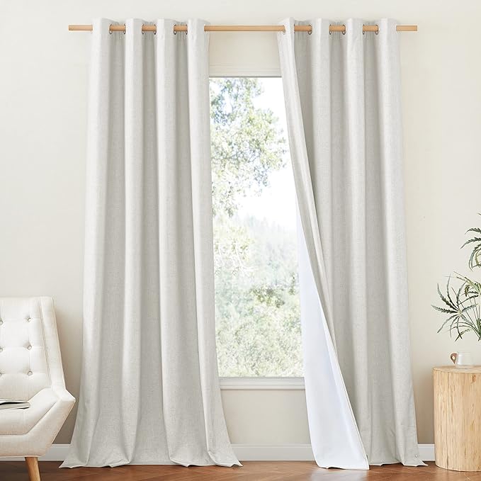 NICETOWN 100% Absolutely Blackout Linen Curtains with Thermal Insulated White Liner, Natural, W52, 2 Pieces, Noise Reducing Textured Linen Look Curtains for Windows 108 inch Length for Classroom