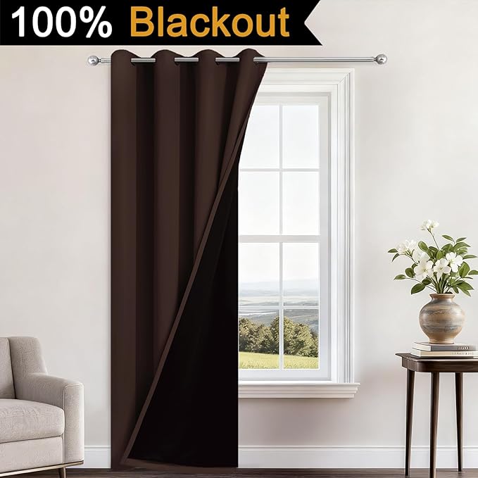 Yakamok 100% Blackout Curtains 96 Inches Long, 2 Thick Layers Heat and Full Light Blocking Soft Thermal Insulated Drapes for Bedroom(52" Wide Each Panel, Chocolate Brown, 1 Panel)