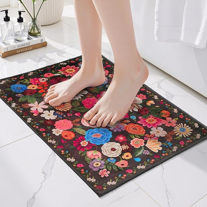 Black/Brown 24x17 Inch Home Decor Entry Rug, Small Door Mat Bath Mats for Bathroom, Ultra-Thin Non Slip Floral Low Pile Tub Mat for Sink Shower Doorway Tub Kitchen Sink(2 x 1.4 ft, Black/Brown)