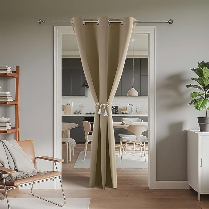 Joydeco Blackout Door Curtain for Doorway Privacy 80 Inches Long, Grommet Closet Curtain for Open Closet, Room Divider for Bedroom Living Room (Light Beige, 32Wx80L, 1 Panel)