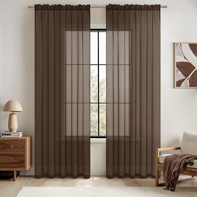 MIULEE Chocolate Brown Sheer Curtains 96 Inches Long 2 Panels, Light Filtering Voile Drapes with Rod Pocket for Bedroom and Living Room Windows