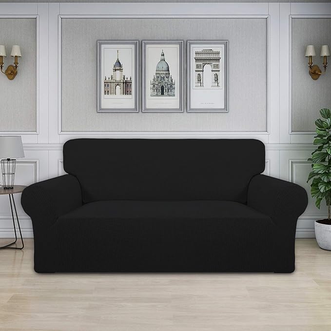 Easy-Going Stretch Oversized Loveseat Slipcover 1-Piece Sofa Cover Furniture Protector Couch Soft with Elastic Bottom for Kids Polyester Spandex Jacquard Fabric Small Checks Black