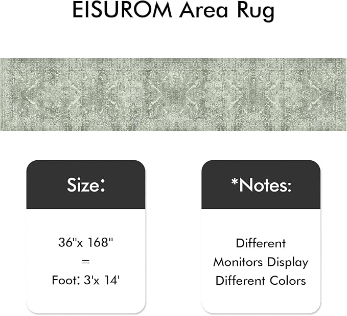 Washable 3x14 Runner Rug - Non-Slip Vintage Rug for Entryway Low-Pile Medallion Long Rugs for Hallway Waterproof Traditional Runner Rug Indoor Thin Rug for Kitchen (Muted Sage Green)