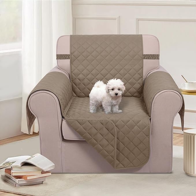 U-NICE HOME Recliner Chair Covers Reversible Chair Cover Pet Covers for Dogs with Elastic Straps Water Resistant Diamond Quilted (23''Armchair, Taupe/Taupe)