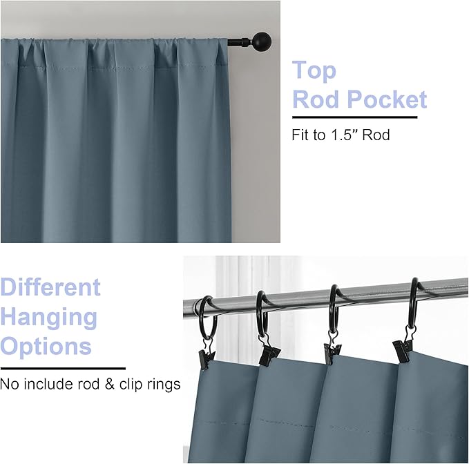 Simplebrand Ava Stone Blue Short Blackout Curtains for Bedroom 45 Inches Long 2 Panels Set, Solid Thermal Insulated, Energy Saving Window Treatment Curtains Blackout Drapes, W40 x L45 Inch, Stone Blue