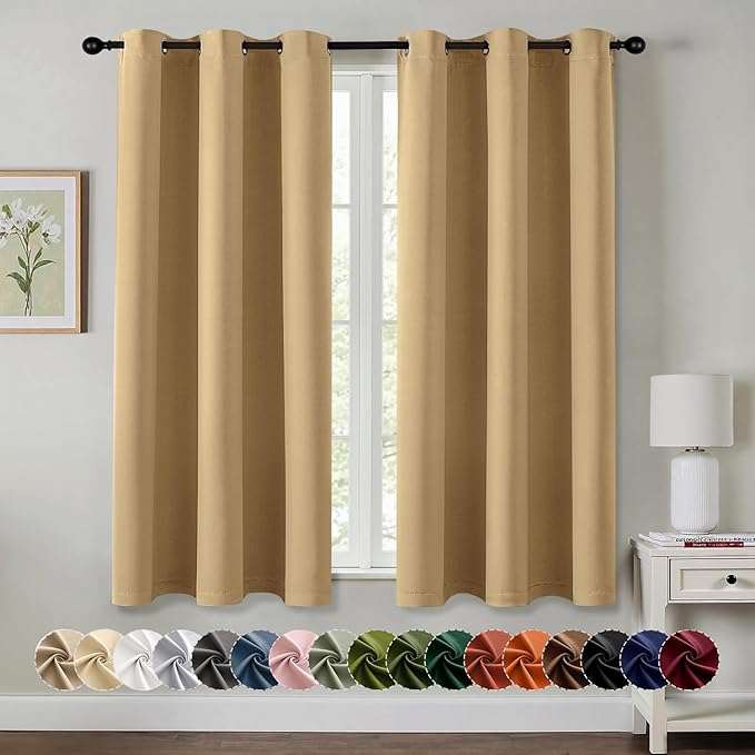 MIULEE Gold Blackout Curtains for Bedroom Living Room 63 Inches Long 2 Panels, Thermal Insulated Room Darkening Drapes Solid Grommet Noise Reduction Light Blocking Window Treatments 40x63 Inch