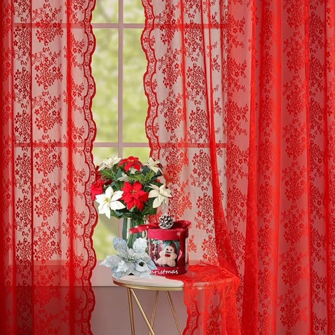 YJ YANJUN Vintage Lace Curtains 63 Inch Length 2 Panels Set Christmas Red Sheer Curtain Panels for Bedroom Winter Window Treatments for Holiday Living Room Dining Room Bedroom 52W x 63L
