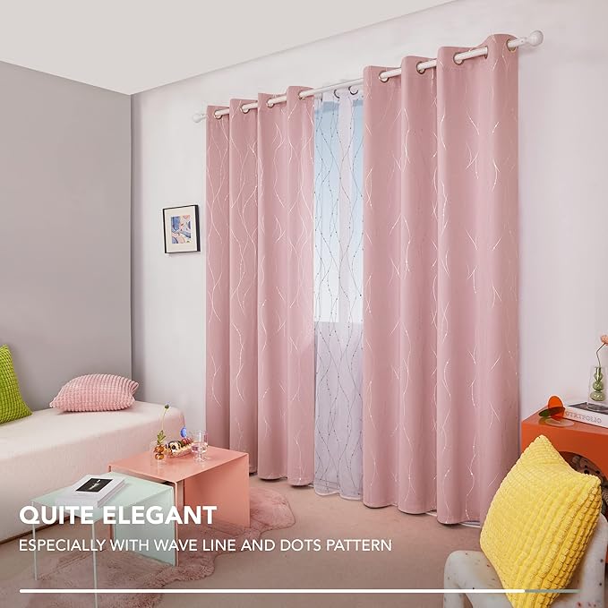 Deconovo Pink Blackout Curtains for Bedroom, Thermal Insulated Soundproof Pravicy Curtain, Silver Wave Dots Print, 52 x 108 Inch Long, Machine Washable Window Panels for Kids Room Nursery, Set of 2