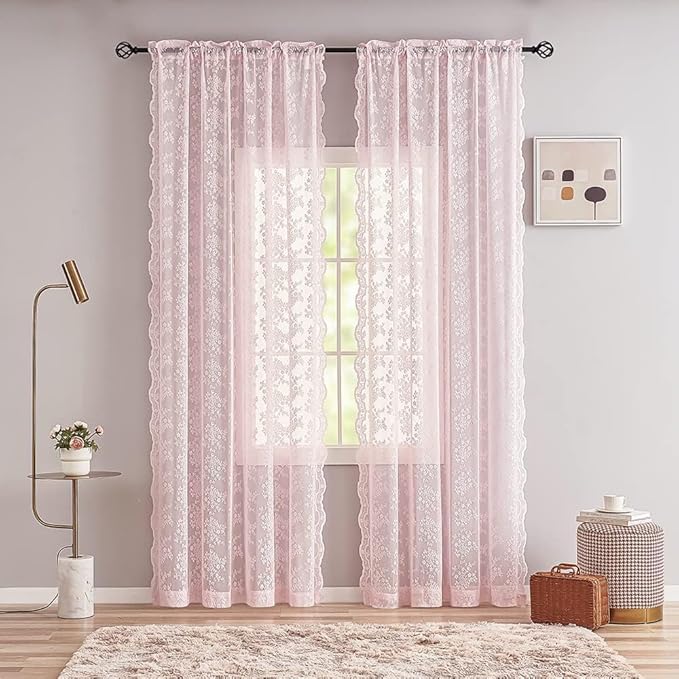 YJ YANJUN Vintage Lace Curtains 108 inches Long 2 Panels Cute Floral Pink Sheer Curtains for Sliding Door Backdrops Romantic Pricess Baby Girl Room Decor Light Filtering 52 x 108 Inch Light Pink