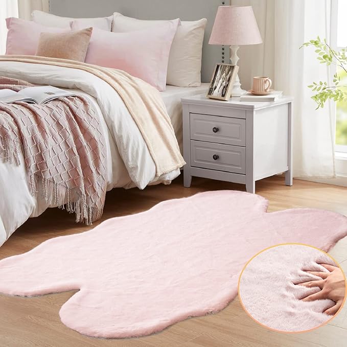 ORINOVA Pink Fluffy Shag Carpet Faux Bunny Washable Plush Fur Area Rugs for Bedroom 4x6 Nursery Rug for Living Room