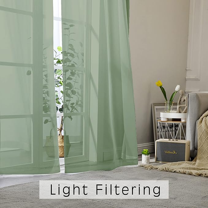 OWENIE Sage Green Sheer Curtains 36 Inches 2 Panels Set - Kitchen Tiers Valances Curtains Light Filter Rod Pocket Voile Cafe Curtains for Kitchen Bathroom Small Half Window, 42 in W x 36 in L