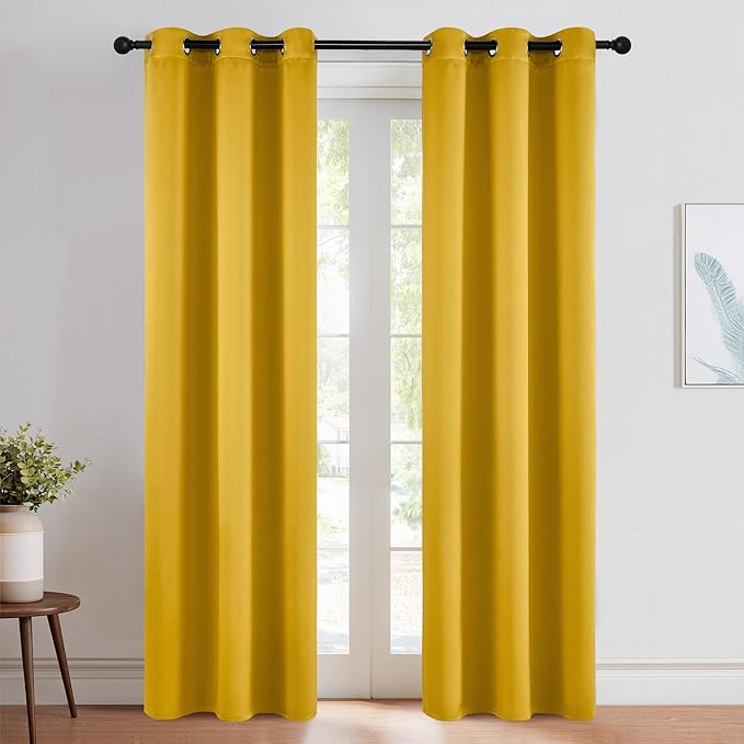 NICETOWN Gold Blackout Cafe Faux Silk Curtains for Small Windows, 42" Wide by 84" Long, 2 Panels, Grommet Privacy Blackout Satin Drapes for Home Decoration