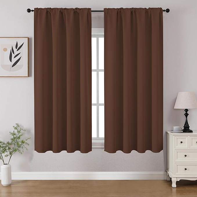 CUCRAF Brown Blackout Curtains 45 inch Length 2 Panels Set, Rod Pocket Room Darkening Drapes for Bedroom Living Room, Insulated Thermal Light Blocking Window Curtain (W52 x L45 Inch)