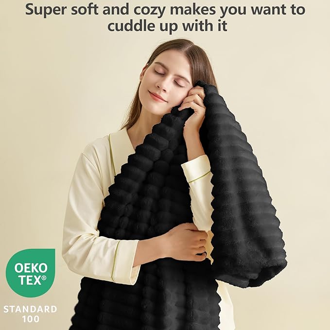HIMEET Black Ribbed Queen Size Blanket for Bed - 300GSM Lightweight Fleece Blanket for Men Women, Large Cozy Sofa Couch Cover Bed Blankets Gifts, Striped Spring Home Room Decor, Black, 90x90 Inches