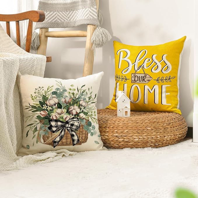 AVOIN colorlife Bless Our Home Farmhouse Eucalyptus Leaves Throw Pillow Covers, 18 x 18 Inch Truck Home Sweet Cushion Case Decorations Set of 4