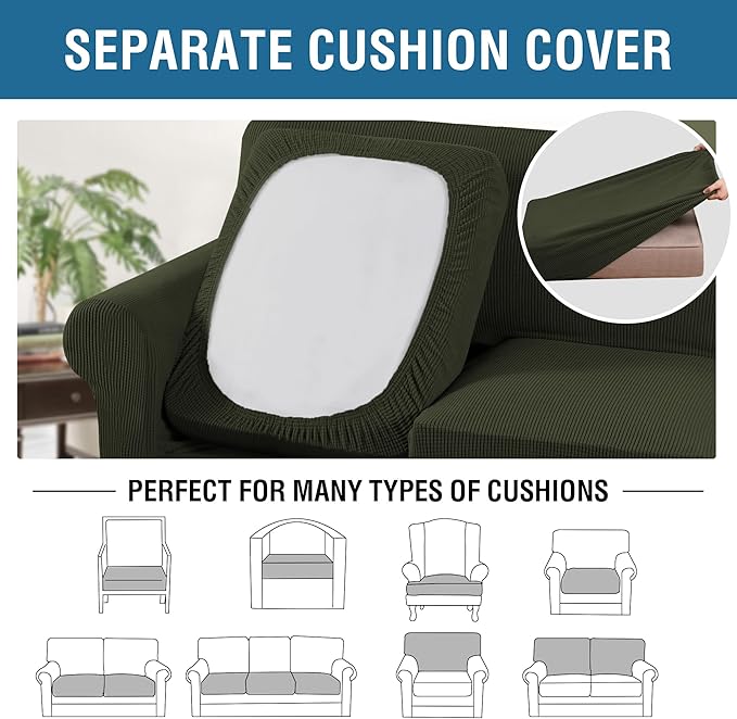 H.VERSAILTEX 4 Piece Stretch Sofa Covers for 3 Cushion Couch Furniture Slipcovers for Living Room (1 Base Cover Plus 3 Seat Cushion Covers) Jacquard Fabric Cover (XL Sofa, Olive)