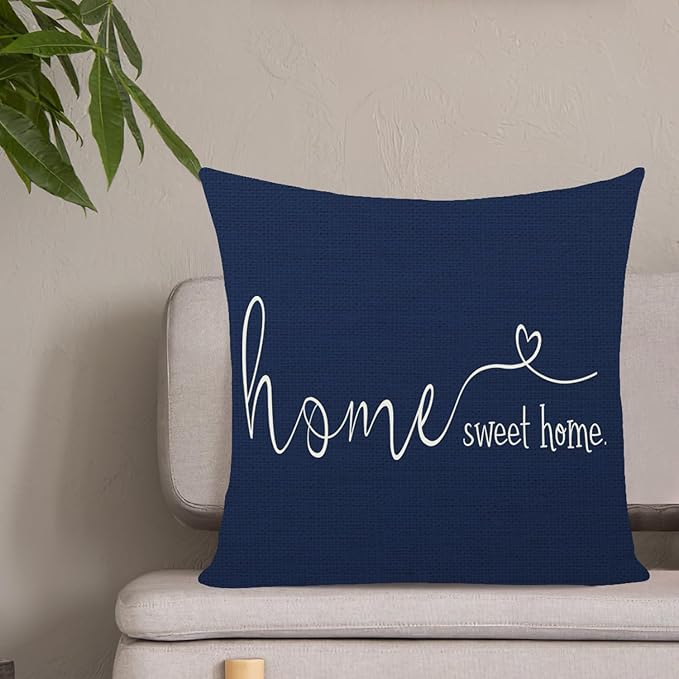 MFGNEH Home Sweet Home Quotes Farmhouse Pillow Covers 18x18 Inch,Farmhouse Decorative Lumbar Throw Pillow Case Cushion Cover,Housewarming Gift,Blue