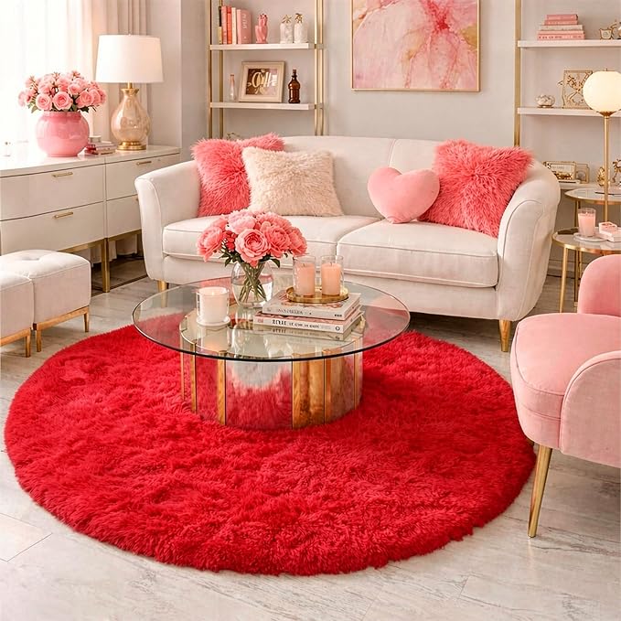 Red Round Rug 4Ft for Bedroom, Fluffy Shag Circle Area Rugs for Kids Room Decor Aesthetic, Fuzzy Plush Fur Carpets for Living Room Nursery Dorm Classroom, Red Carpet, Christmas Rugs for Teen Boys