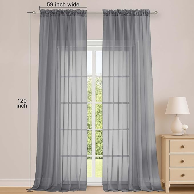 OWENIE Grey Sheer Curtains 120 Inches Long 2 Panels Set, Airy Lightweight Sheer Grey Curtains for Living Room Bedroom, Farmhouse Voile Filmy Rod Pocket Curtains Drapes, 2 Pcs, Each 59" Wx120 L Inch