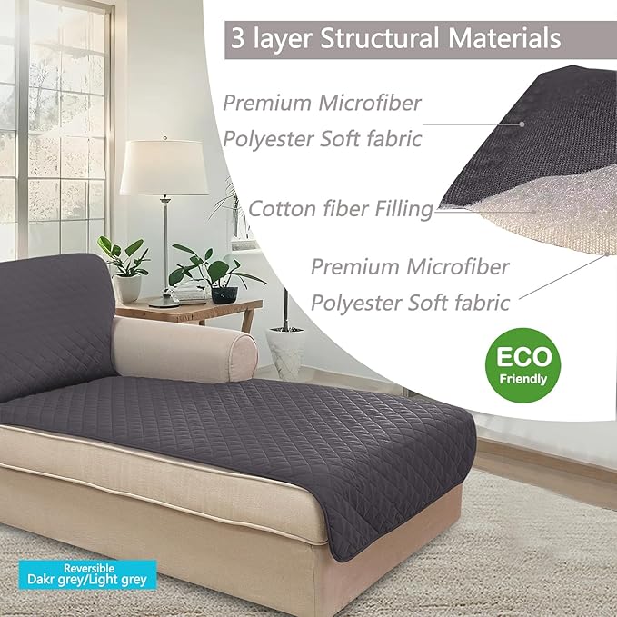 U-NICE HOME Sectional Couch Cover for Dogs Pets Chaise Lounge Reversible Sofa Cover Furniture Protector with Elastic Adjustable Strap, Dark Grey/Light Grey