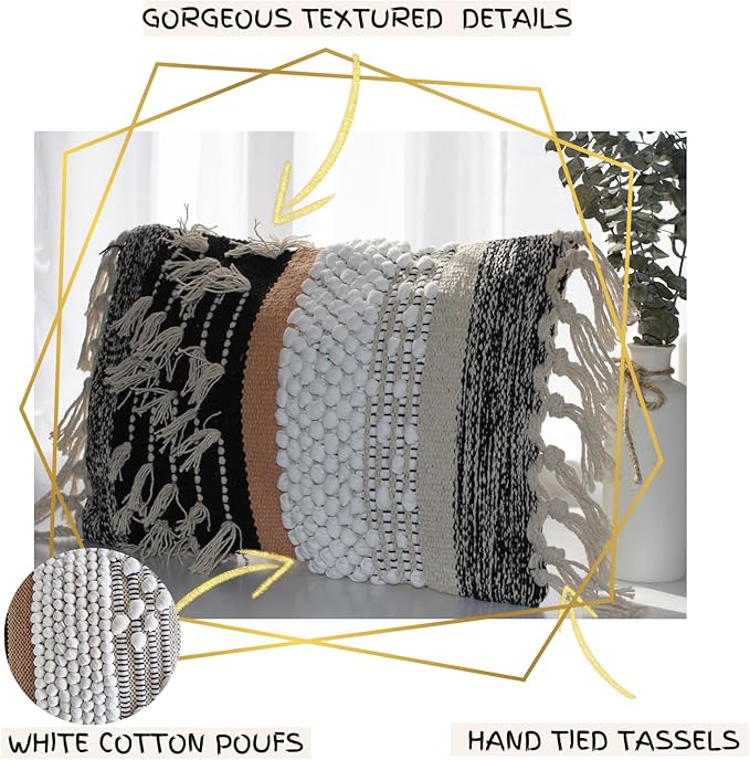 Decorative Boho-Chic Premium Pillow Cover 12x20 Handwoven Tufted Cotton Lumbar Accent Pillows, Neutral Earthly Color Throw Cushion, Farmhouse & Bohemian Home Decor (no Insert)
