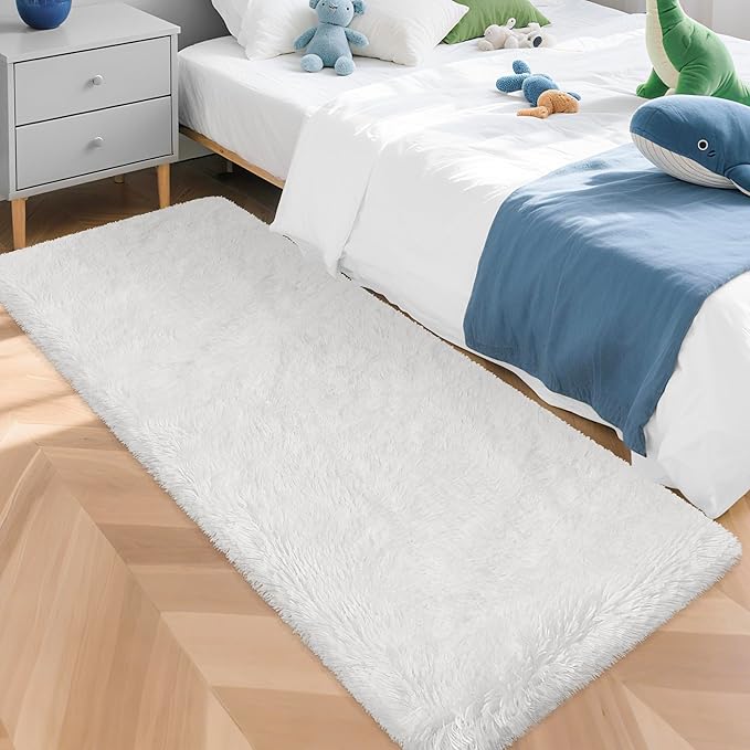 Runner Rug for Bedroom White 2x5ft Fluffy Area Rug Bedside Runner Rug for Kids Room Boys Teens Nursery Baby Living Room Dorm Home Decor Carpets Kid Sbedroom Rug
