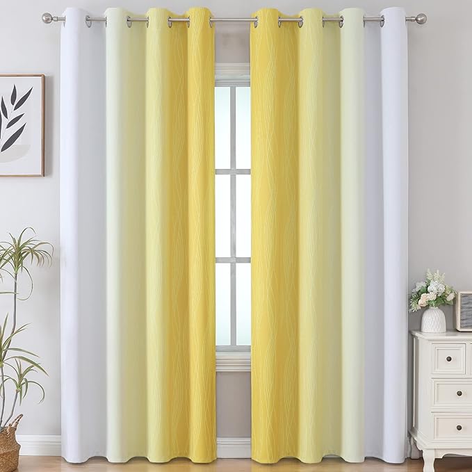Estelar Textiler Ombre Yellow and Greyish White Blackout Curtains 96 Inches Long for Sliding Door, Gradient Thermal Insulated Full Light Blocking Grommet Blackout Drapes for Bedroom, 52Wx96L, 2 Panels