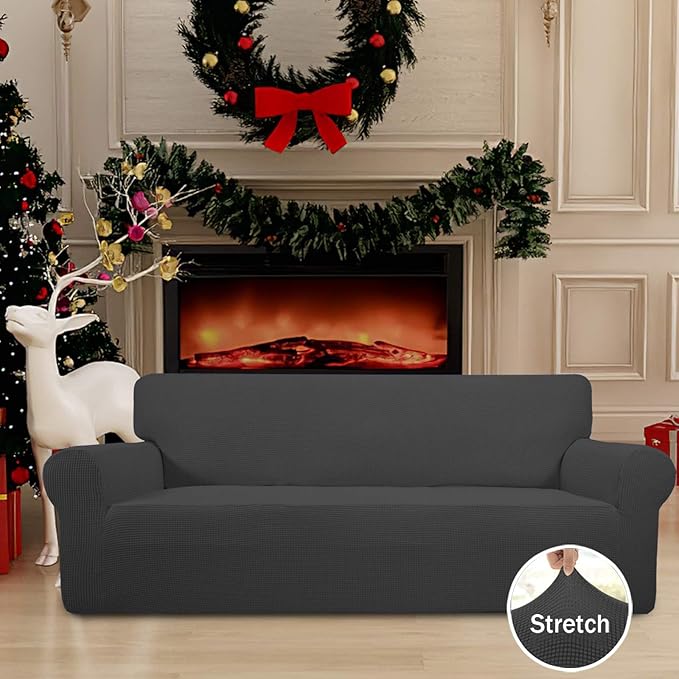 Easy-Going Stretch Oversized Sofa Slipcover 1-Piece Sofa Cover Furniture Protector Couch Soft with Elastic Bottom for Kids, Polyester Spandex Jacquard Fabric Small Checks Dark Gray
