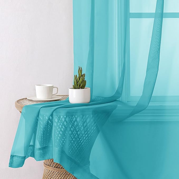 Aiyufeng Turquoise Sheer Curtains 84 Inches Long 2 Panels Set, Light Filtering Soft Airy Voile Rod Pocket Turquoise Sheer Window Drapes for Bedroom Living Room, Each 40Wx84L Inches