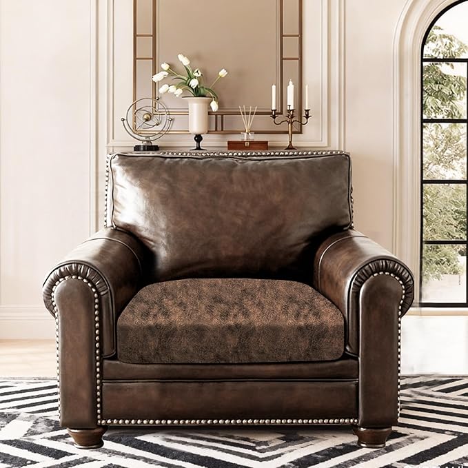 Leather Look Couch Cushion Covers Sofa Seat Slipcovers Sets Couches Furniture Protector for Sectional Armchair Loveseat Pets Kids Stretch Spandex Fabric (1 Cushion Armchair, Dark Brown)