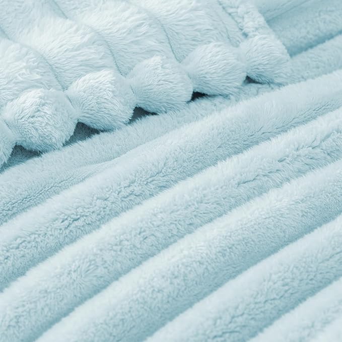 Exclusivo Mezcla King Size Flannel Fleece Blanket, Super Soft Striped Jacquard Bed Blanket, Lightweight Fuzzy Cozy for All Seasons, 90x104 Inches, Light Blue