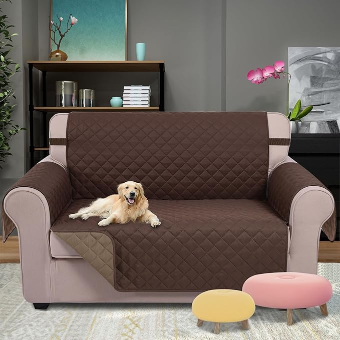 U-NICE HOME Loveseat Sofa Cover Reversible Couch Covers for 2 Cushion Couch for Dogs Furniture Protector Cover with Elastic Straps Water Resistant(Loveseat Small, Chocolate/Taupe)
