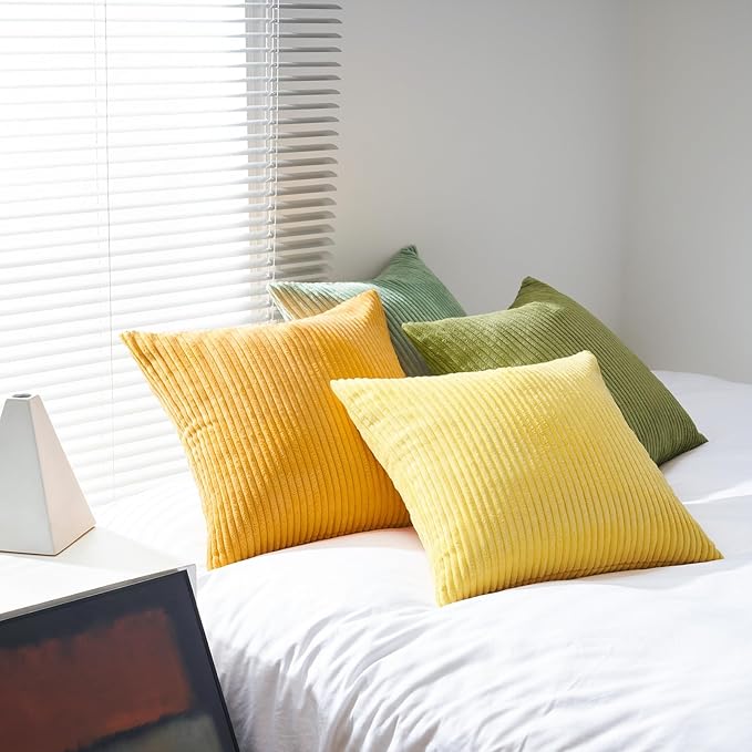 Topfinel 20x20 Oversized Throw Pillows Covers Set of 4 Euro Shams,Farmhouse Yellow Green Mix and Match Cushion Cases,Corduroy Striped Accent Pillows for Vanilla Girl Room Decor