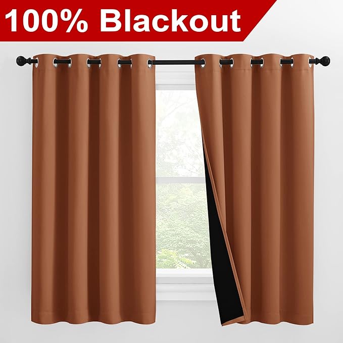NICETOWN 100% Blackout Curtains 57 inches Long, Double-Deck Completely Blackout Window Treatment Thermal Insulated Lined Drapes for Small Window (Burnt Orange, 1 Pair, 55 inches Width Each Panel)