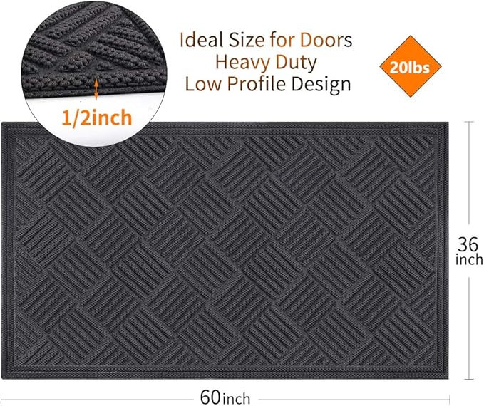 Mibao Front Door Mat, Dirt Trapper Welcome Mat for Outdoor Indoor, Non-Slip Waterproof Doormat, Durable Machine Washable Low Profile Entry Rug for Back Door Outside Patio, 61.5" x 36", Gray Grid