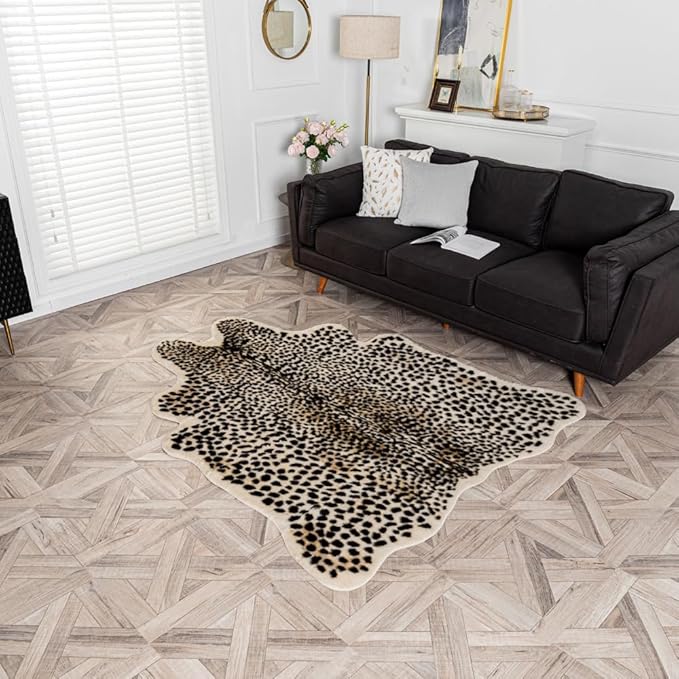 Leopard Area Rug Animals Printed Hide Mats Faux Fur Cowhide Skin Carpet for Home Office, Living Room, Bedroom, 5.2ft x 6.5ft (160 x 200cm)